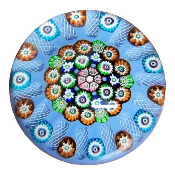 Early Blue Paul Ysart Lampwork Flower & Latticino Millefiori Garland Paperweight - Picture 3 of 6